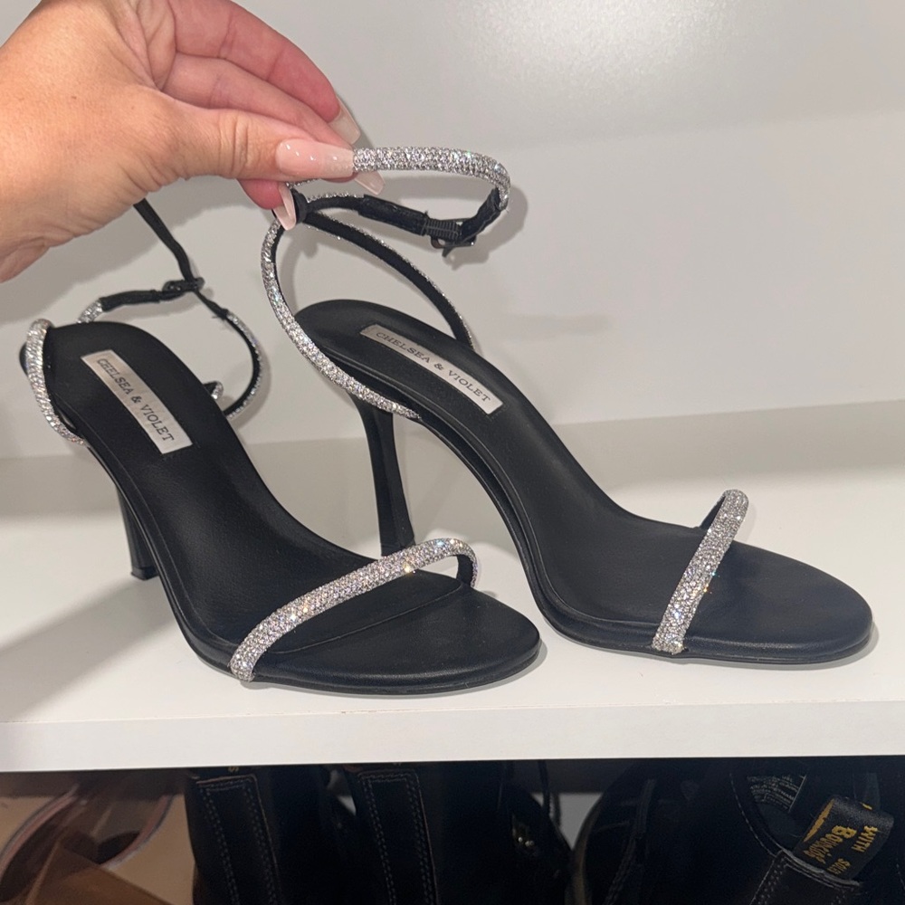 Chelsea & Violet Black Heeled Sandals with Silver Crystal Straps